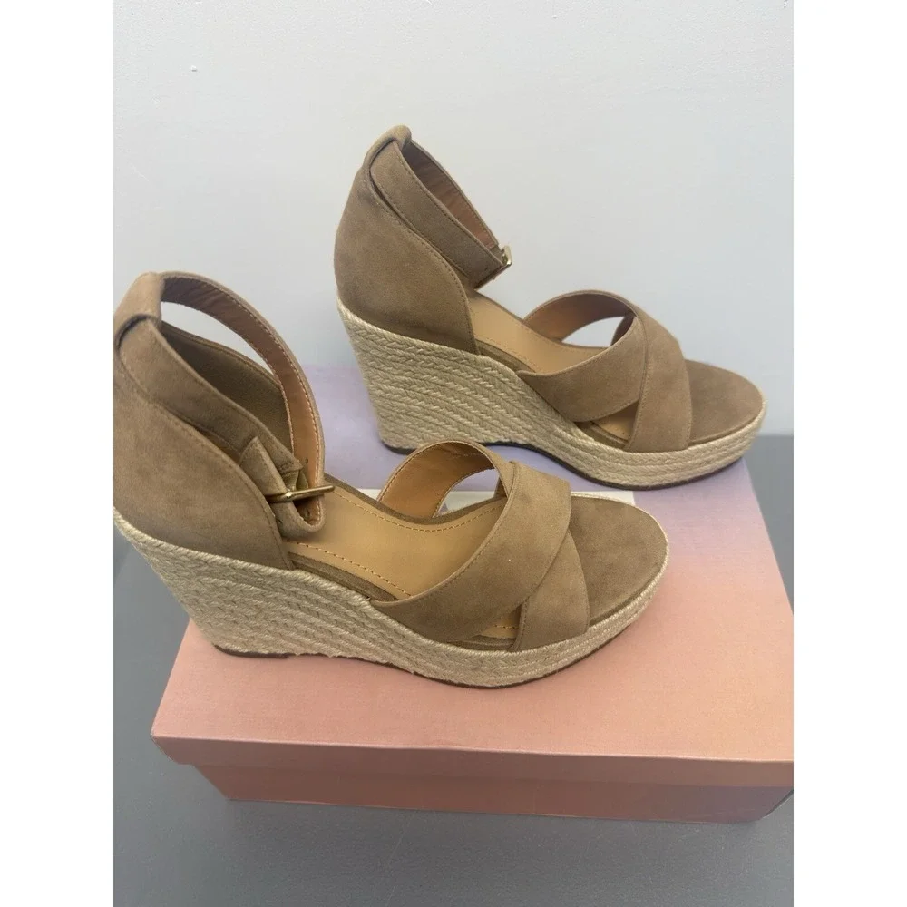 New Lisa‎ Vicky Wedge Sandals Cognac Kid Suede 8.5 M Cross-Strap Espadrille Heel
